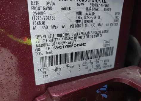 2008 Ford F-250 Fx4/Harley-Davidson/King Ranch/Lariat/Xl/Xlt from USA, damaged, VIN 1FTSW21Y08EC49842
